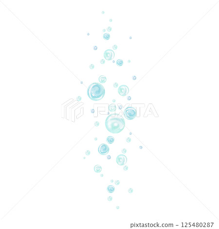 Turquoise and blue water bubbles of different sizes and tones in chaotic order rising from depth. Watercolor illustration drawn by hand isolated from background. Sketch for nautical and marine design 125480287