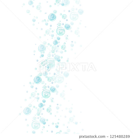 Turquoise and blue water bubbles of different sizes and tones in chaotic order. Vertical seamless border. Hand drawn watercolor illustration isolated from background for nautical and marine design 125480289