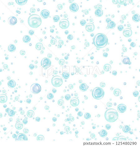 Seamless pattern with watercolor turquoise and blue water bubbles of different sizes and tones in chaotic order. Hand drawn illustration isolated from background for nautical and marine designs 125480290