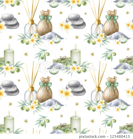 Olive soap aleppo, candles, aroma diffuser, stack pebbles, sack with sea salt, frangipani flowers and olive branches. Hand drawn watercolor isolated seamless pattern for package, textile, spa design 125480413