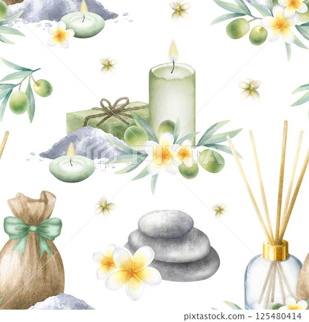 Olive soap aleppo, candles, aroma diffuser, stack pebbles, sack with sea salt, frangipani flowers and olive branches. Hand drawn watercolor isolated seamless pattern for packaging, fabric, spa design Olive soap aleppo, candles, aroma diffuser, stack pebbles, sack with sea salt, frangipani flowers and olive branches. Hand drawn watercolor isolated seamless pattern for packaging, fabric, spa design 125480414