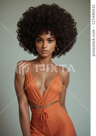 Model poses confidently in stylish orange outfit with curly hair 125480432
