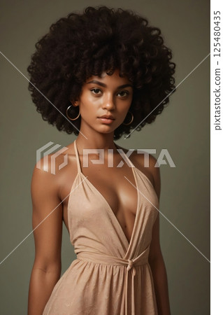 Curly-haired woman in elegant dress on neutral backdrop 125480435