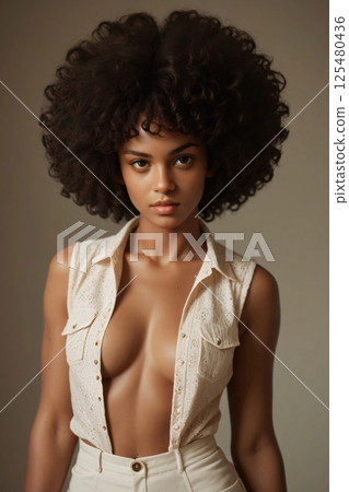 Model with curly hair poses in stylish outfit against neutral backdrop Model with curly hair poses in stylish outfit against neutral backdrop 125480436