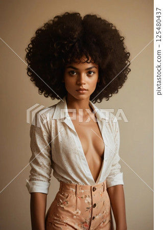 Woman with large curly hairstyle poses in stylish outfit indoors 125480437
