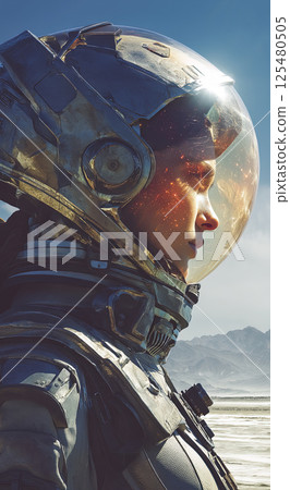 Cinematic portrait of a female astronaut in a futuristic spacesuit 125480505