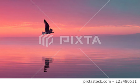 Silhouette of a seagull flying low over water 125480511