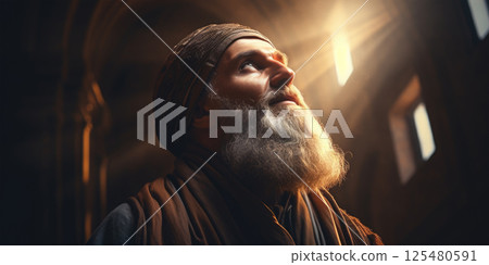 An elderly man of Arab appearance in a temple 125480591