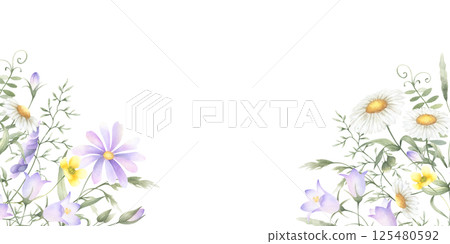 Watercolor wildflowers chamomile, bellflower, buttercup, mouse pea and meadow grasses. Hand drawn isolated rectangular horizontal frame illustration of yellow lilac flowers with copy space, banner Watercolor wildflowers chamomile, bellflower, buttercup, mouse pea and meadow grasses. Hand drawn isolated rectangular horizontal frame illustration of yellow lilac flowers with copy space, banner 125480592