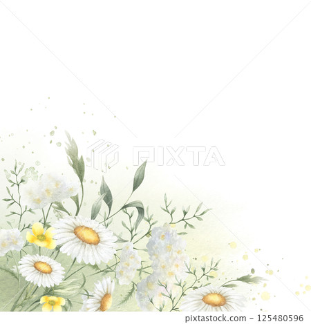 Wildflowers yellow buttercup, white yarrow, chamomile and meadow grasses. Hand drawn isolated watercolor square frame on green stain and splash with copy space for invitations, postcards and cards 125480596
