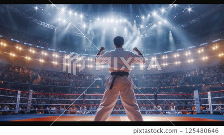 Karate champion celebrating victory in competition. Karate champion celebrating victory in competition. 125480646