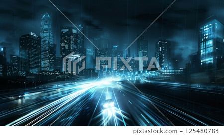 road in city with skyscrapers and car traffic light trails. infrastructure and transportation background 125480783