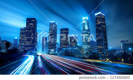 road in city with skyscrapers and car traffic light trails. infrastructure and transportation background 125480800