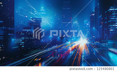 road in city with skyscrapers and car traffic light trails. infrastructure and transportation background 125480801