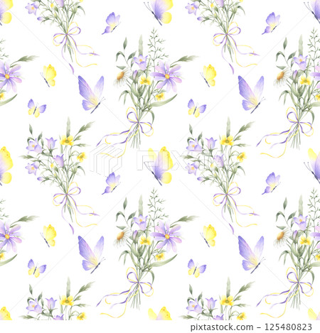 Seamless floral pattern with butterflies and bouquets of watercolor wildflowers bellflower, chamomile and meadow grasses tied ribbon bow. Hand drawn isolated illustration in yellow and lilac colors. Seamless floral pattern with butterflies and bouquets of watercolor wildflowers bellflower, chamomile and meadow grasses tied ribbon bow. Hand drawn isolated illustration in yellow and lilac colors. 125480823