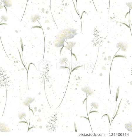 Seamless floral pattern of watercolor wildflowers yarrow and field grasses isolated from background. Hand drawn sketch meadow white flowers and wild greenery for fabric print, textile and cards Seamless floral pattern of watercolor wildflowers yarrow and field grasses isolated from background. Hand drawn sketch meadow white flowers and wild greenery for fabric print, textile and cards 125480824