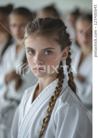 Young girl in karate uniform with group in background. 125480845