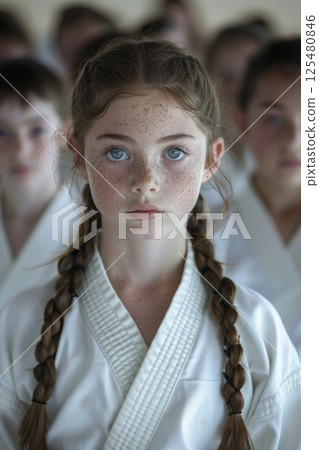 Young girl in karate uniform with group in background. 125480846