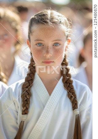 Young girl in karate uniform with group in background. Young girl in karate uniform with group in background. 125480870