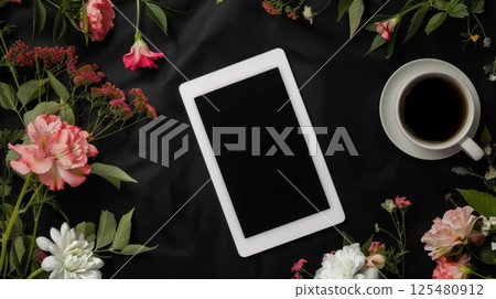 Top view of dark modern workplace with copy space on black table background 125480912