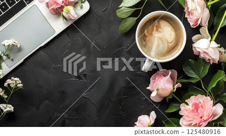 Top view of dark modern workplace with copy space on black table background 125480916