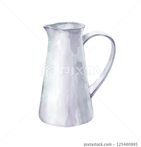 A white jug with a simple design and a hand-drawn handle on a white background. Watercolor illustration. A farm container for milk, drinks or flowers. Isolated. 125480995