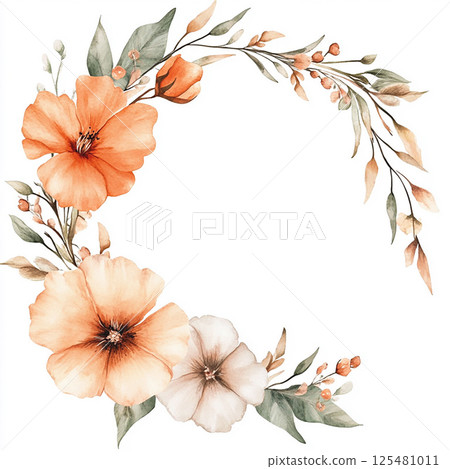 Orange round watercolor frame on white background. Tender floral arrangement for wedding design 125481011