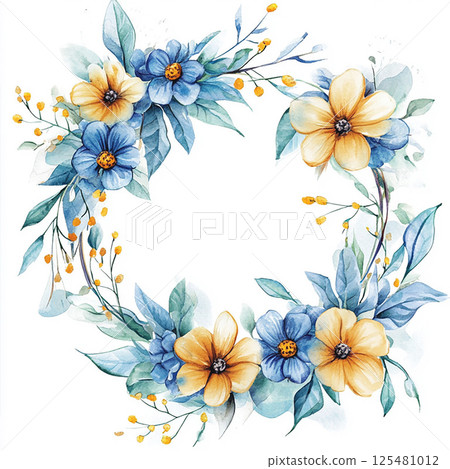 Orange blue round watercolor frame on white background. Tender floral arrangement for wedding design 125481012