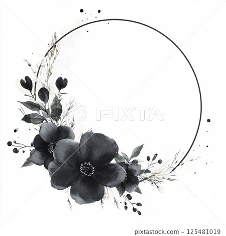Black round watercolor frame on white background. Tender floral arrangement for wedding design Black round watercolor frame on white background. Tender floral arrangement for wedding design 125481019