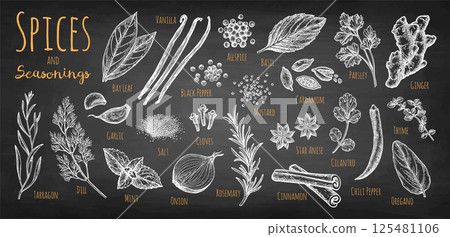 Chalk Drawings of Spices and Herbs. 125481106