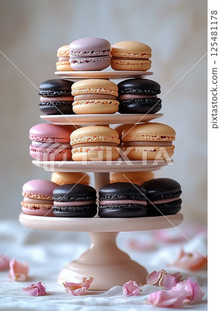 Various colored macarons in dessert stand with soft lighting. 125481178