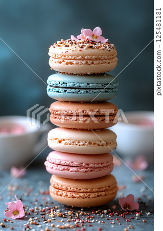 Pastel colored macaron tower with soft lighting. Pastel colored macaron tower with soft lighting. 125481181