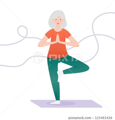 Senior woman practicing yoga in a bright indoor space for wellness Senior woman practicing yoga in a bright indoor space for wellness 125481426