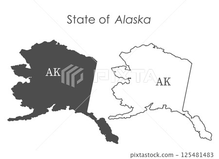 Alaska. The outline and silhouette of the state with the abbreviated abbreviation of the name. The state border. A template for the design of printed products 125481483