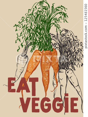 Vector vegetable doodle illustration of carrots. Hand-drawn garden harvest poster. Organic farm graphics. Tasty food for design, veggie market drawing print, background. 125481560