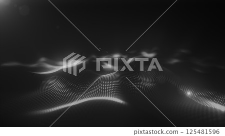 Abstract black and white glowing dots forming a soft, flowing terrain-like digital wave pattern Abstract black and white glowing dots forming a soft, flowing terrain-like digital wave pattern 125481596