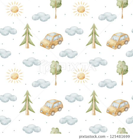Pattern yellow car in trees, spruce, blue clouds, cute sun. Watercolor illustration hand-drawn. Seamless print children's on background for fabric design, packaging, wallpaper, clothes, postcard Pattern yellow car in trees, spruce, blue clouds, cute sun. Watercolor illustration hand-drawn. Seamless print children's on background for fabric design, packaging, wallpaper, clothes, postcard 125481699