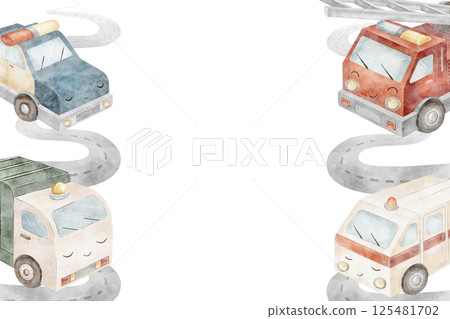 Frame watercolor illustration city cars. Fire truck, garbage truck, police, ambulance. Cartoon childish style template isolated on background hand drawn for invitation design holiday birthday postcard 125481702