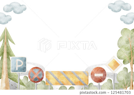 Watercolor illustration road signs, symbol, trees, forest, greenery. Frame save nature hand drawn in cartoon children style. Template isolated on background for design postcard, poster, place for text 125481703