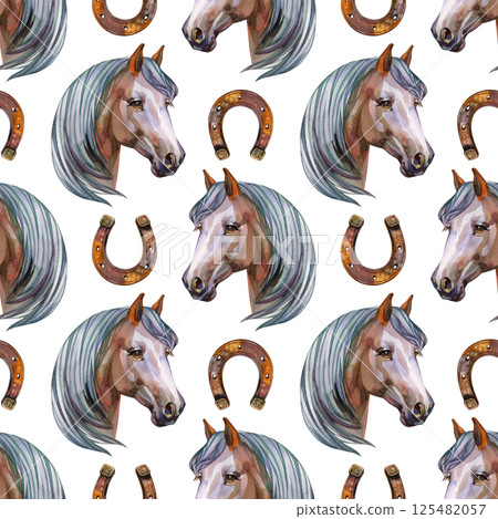 Seamless pattern with horses and horseshoes. Print with farm animals Seamless pattern with horses and horseshoes. Print with farm animals 125482057