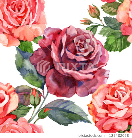 Seamless floral pattern with of red roses. Hand drawn illustration. 125482058