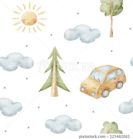 Watercolor pattern funny car in trees, clouds, sun. Hand-drawn children's illustration in cartoon style. Seamless print on isolated background for fabric, baby clothes, textiles, packaging, wallpaper 125482081