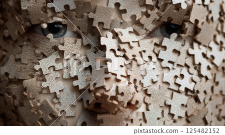 A striking art installation captures attention with a face obscured by numerous tan jigsaw puzzle pieces, blending human features and abstract elements. The artwork evokes emotion and contemplation. 125482152
