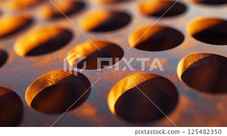 Close up of a metal surface with many holes. The holes are of various sizes and are scattered throughout the surface 125482350