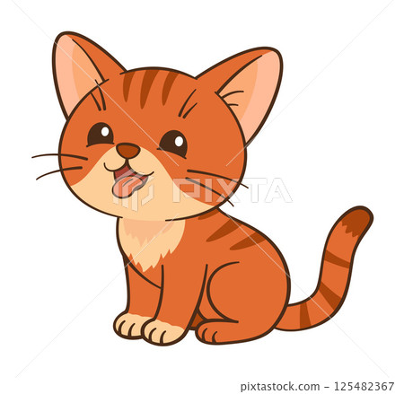 Red cat sits with tongue out. Cute ginger tabby kitten in cartoon style. Flat style Chibi cat 125482367