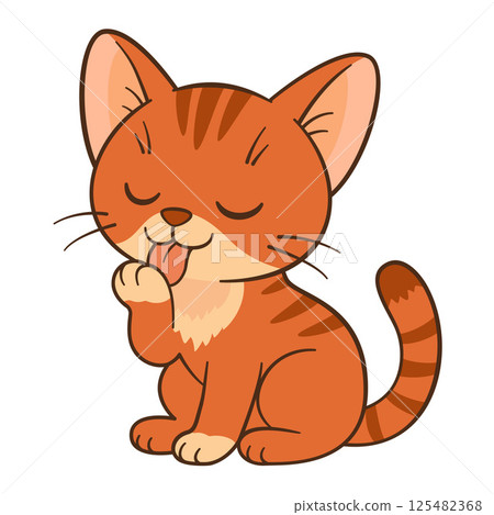 Red cat sits and licks paw. Cute ginger tabby kitten in cartoon style. Flat style Chibi cat 125482368
