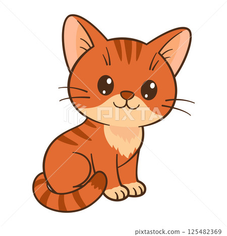 Red cat sits. Cute ginger tabby kitten in cartoon style. Flat style Chibi cat 125482369