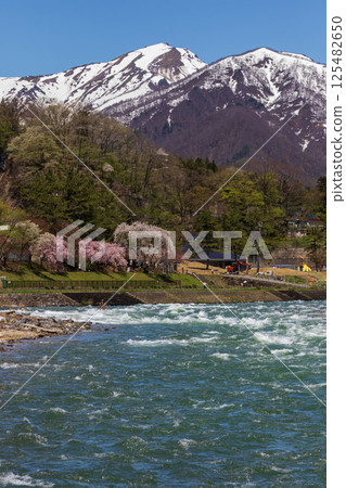 Minakami Onsen in spring: Tone River and Mt. Tanigawa seen from the Suwakyo Promenade 125482650