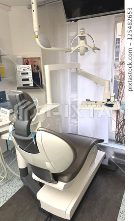 Dental chair and equipment in modern clinic with bright lighting and clean environment showcasing dental care concept 125482653