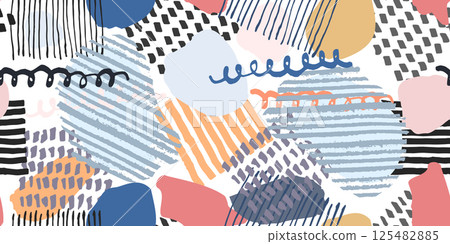 Cute abstract vector playful seamless pattern with fun hand drawn black and orange blue colorful shapes, blobs and lines. Bright colors print for kids textile design, wrapping paper, surface Cute abstract vector playful seamless pattern with fun hand drawn black and orange blue colorful shapes, blobs and lines. Bright colors print for kids textile design, wrapping paper, surface 125482885